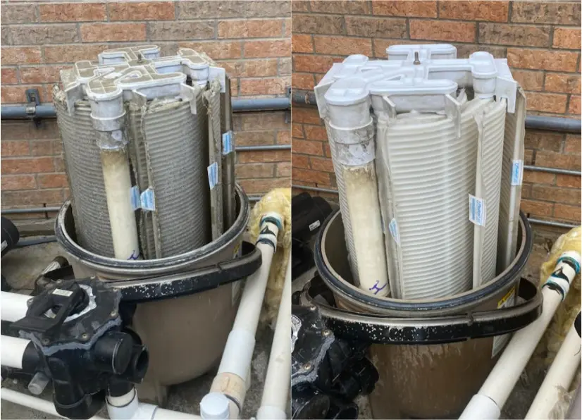 Pool filter cartridges shown dirty before and clean after service